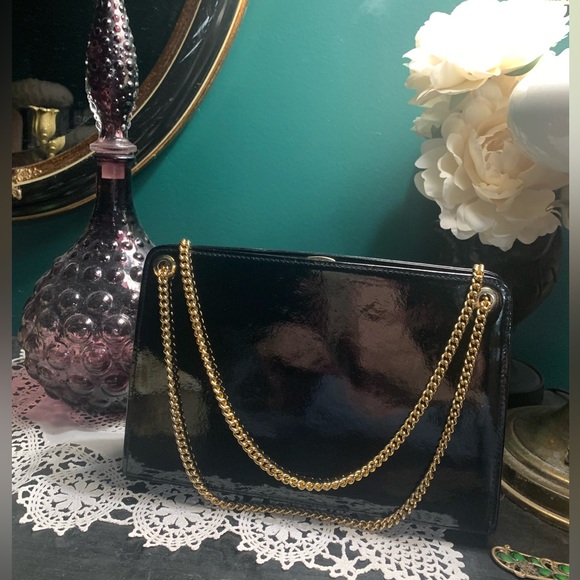 SAKS FIFTH AVENUE Vintage Patent Leather Box Handbag with Gold Chain - Picture 5 of 11